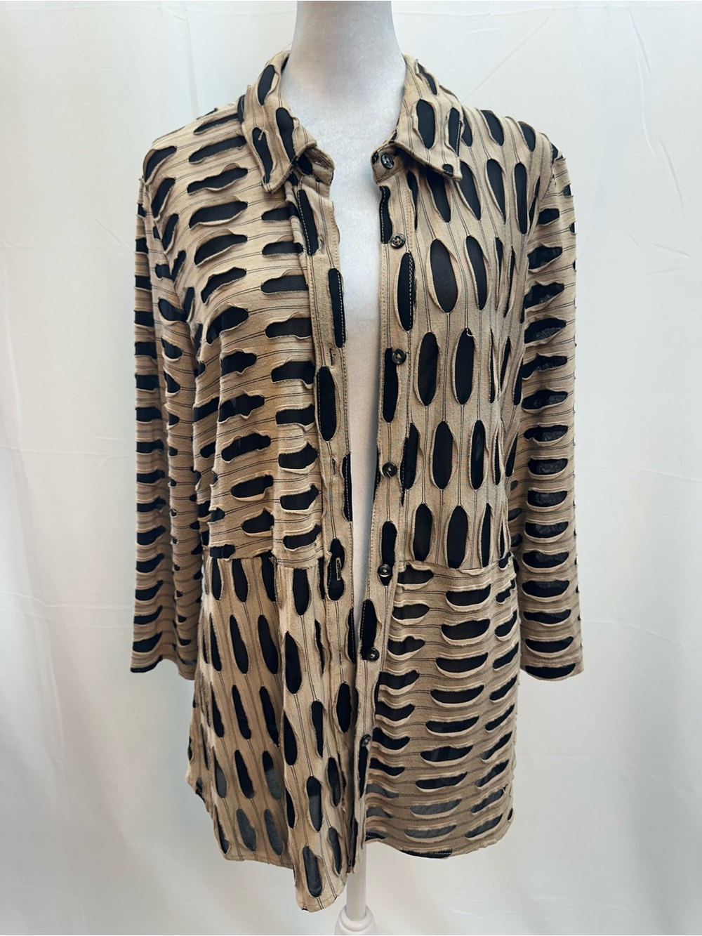 Boho Chic Beige and Black Patterned Button-Front Women's Blouse Tunic Top L